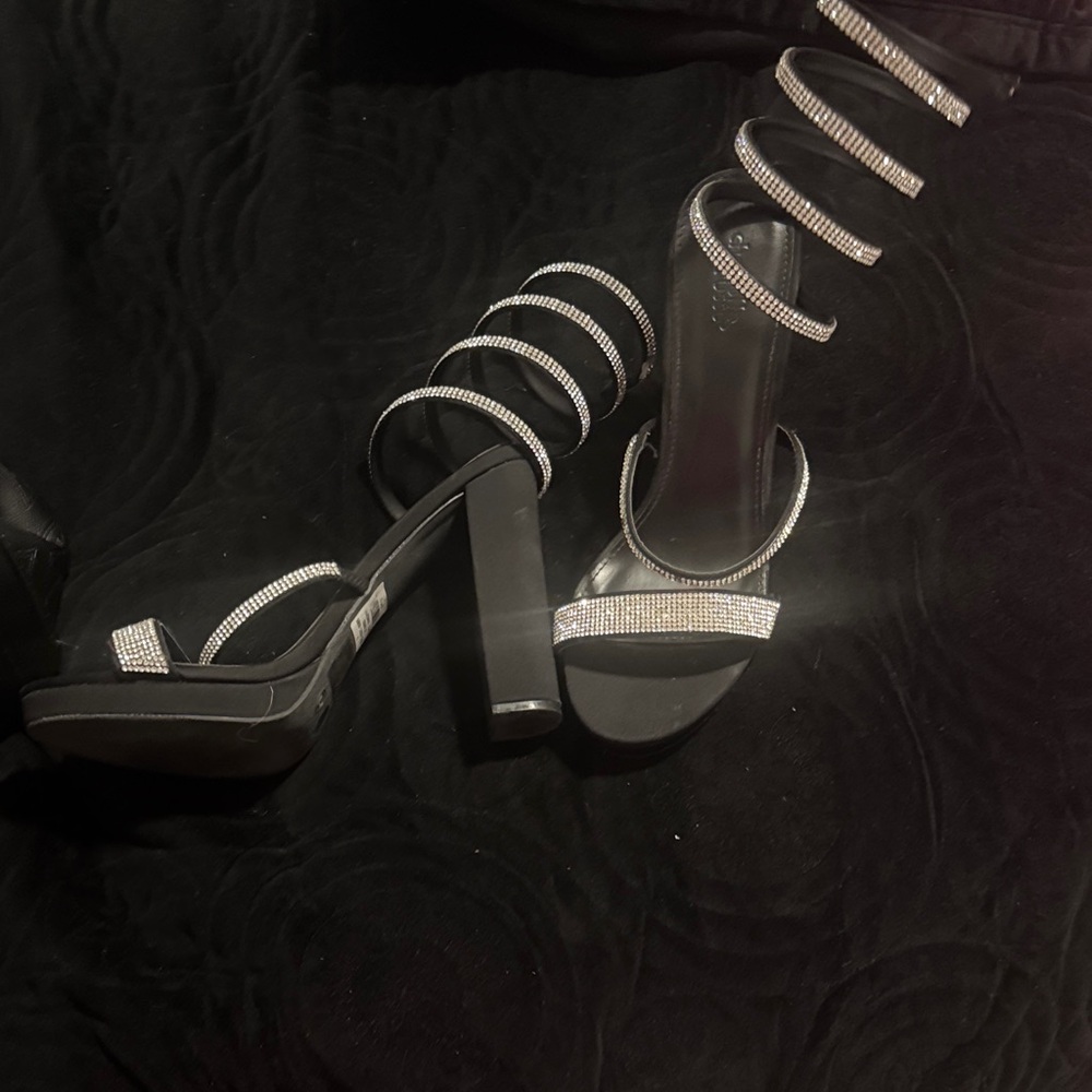 Elegant Black Strappy Heels with Rhinestone Accents